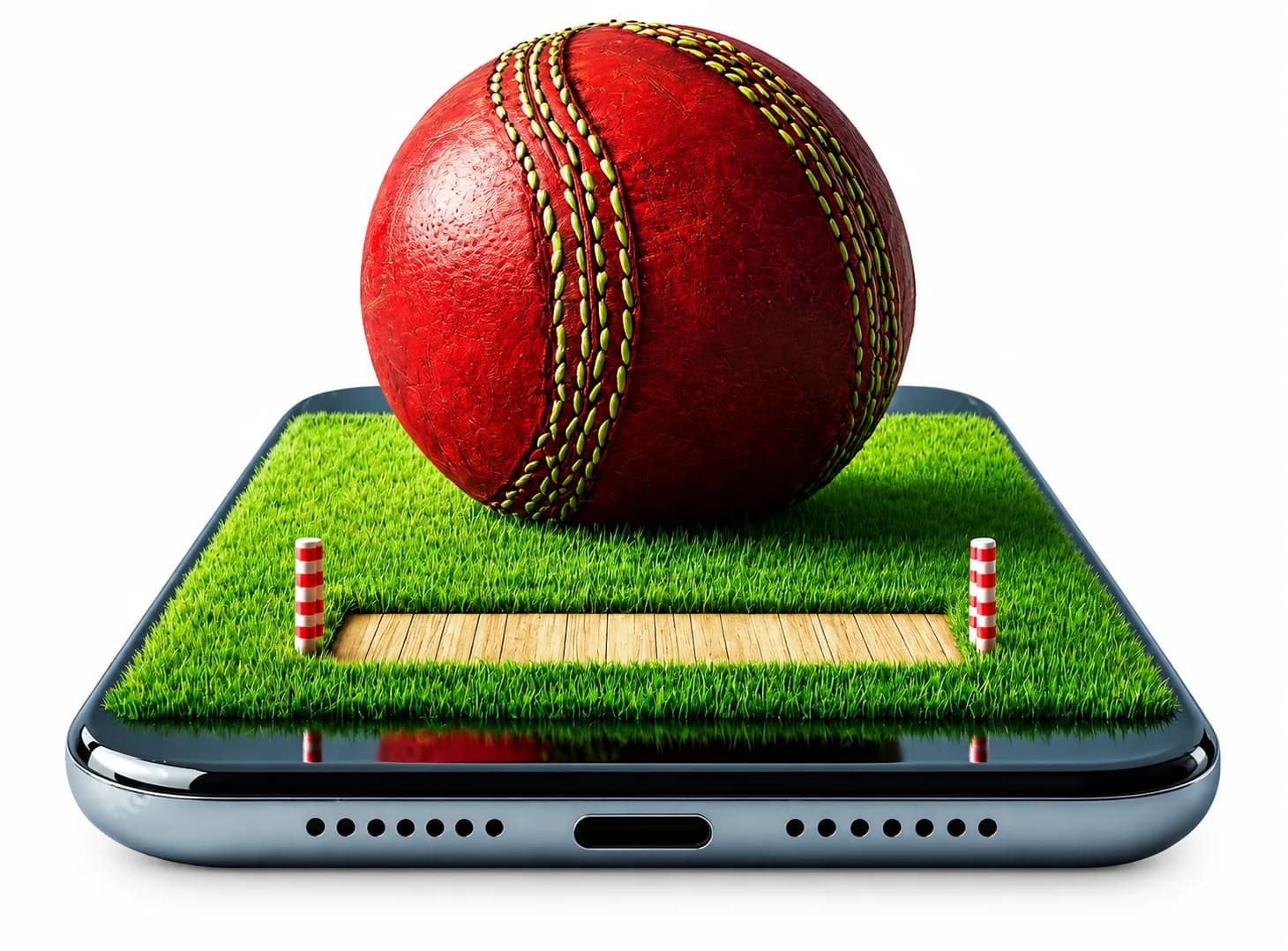 Cricket ball on a miniature pitch displayed on a smartphone